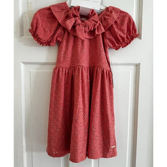 Tahari Girl Size 6 Eyelet Dress Salmon With Hair Scrunchie & Built-In Slip NWT’s - Picture 1 of 9